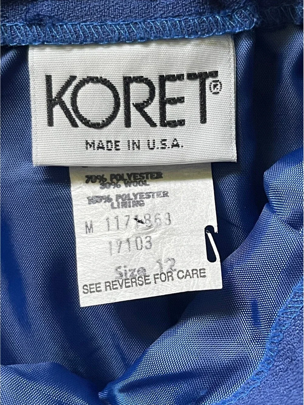 Koret Blue Skirt Suit Set Size 12 Skirt/14 Blazer Polyester Wool Blend 1970s